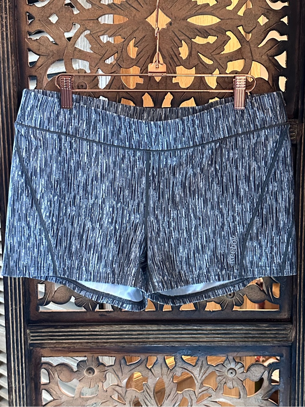 Reebok Black & Gray & White Striped Pull On Athletic / Exercise / Bike Shorts.